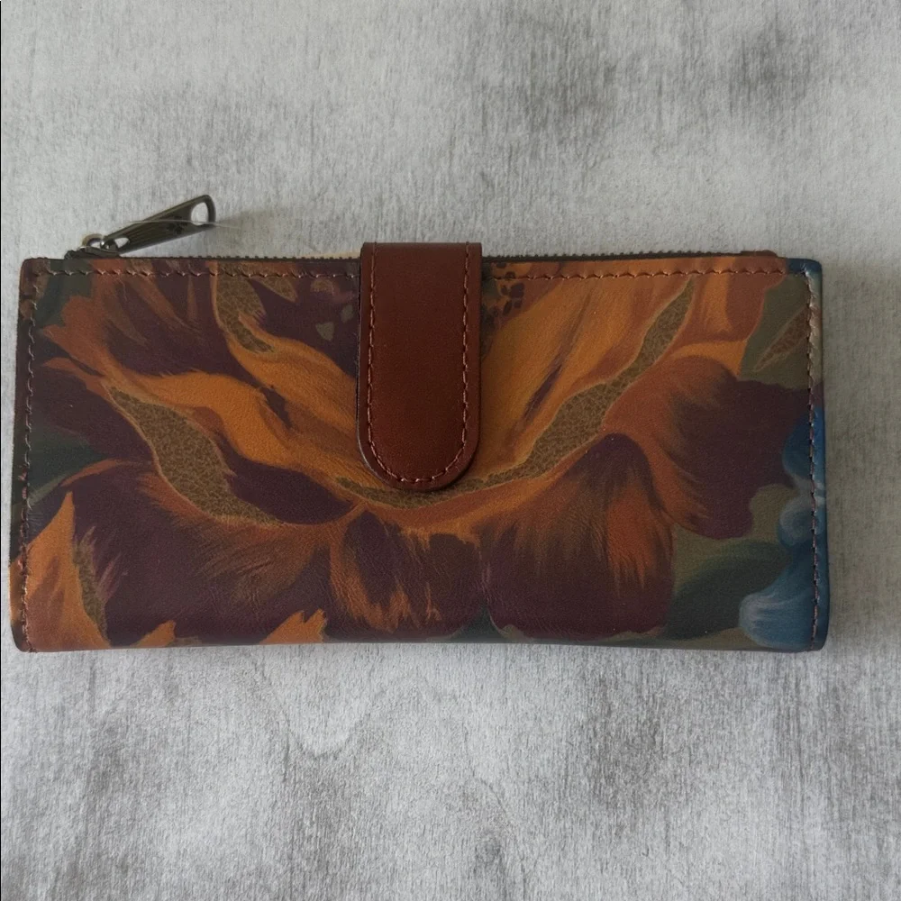 Patricia Nash NAZARI Leather Bifold Wallet Floral Marigold Harvest Blue Brown NW